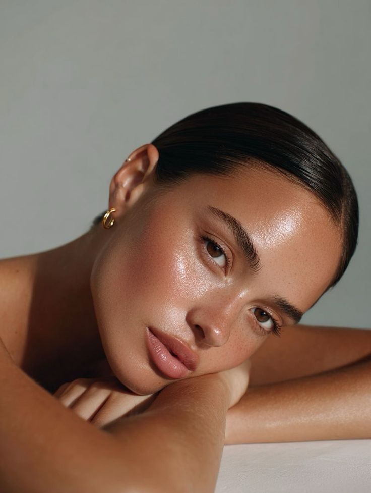 Mulher com pele naturalmente luminosa e uniforme — efeito de rotina de maquiagem vegana e skincare natural