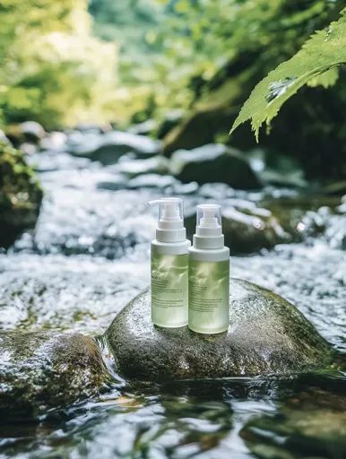 Dois frascos de spray de skincare natural apoiados em pedra à beira de riacho na floresta — beleza natural
