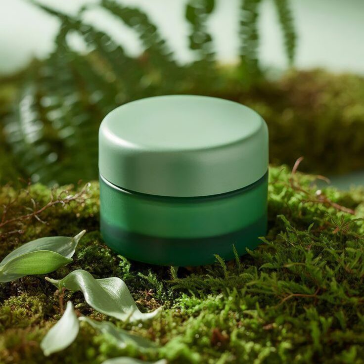 Pote verde de creme vegano sobre musgo e plantas — cosmético natural com textura e acabamento aveludado