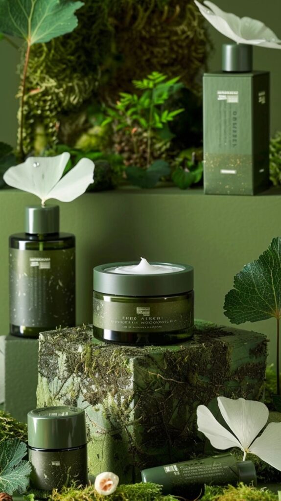 Linha de cosméticos veganos em embalagens escuras sobre pedra com musgo e flores — skincare premium natural