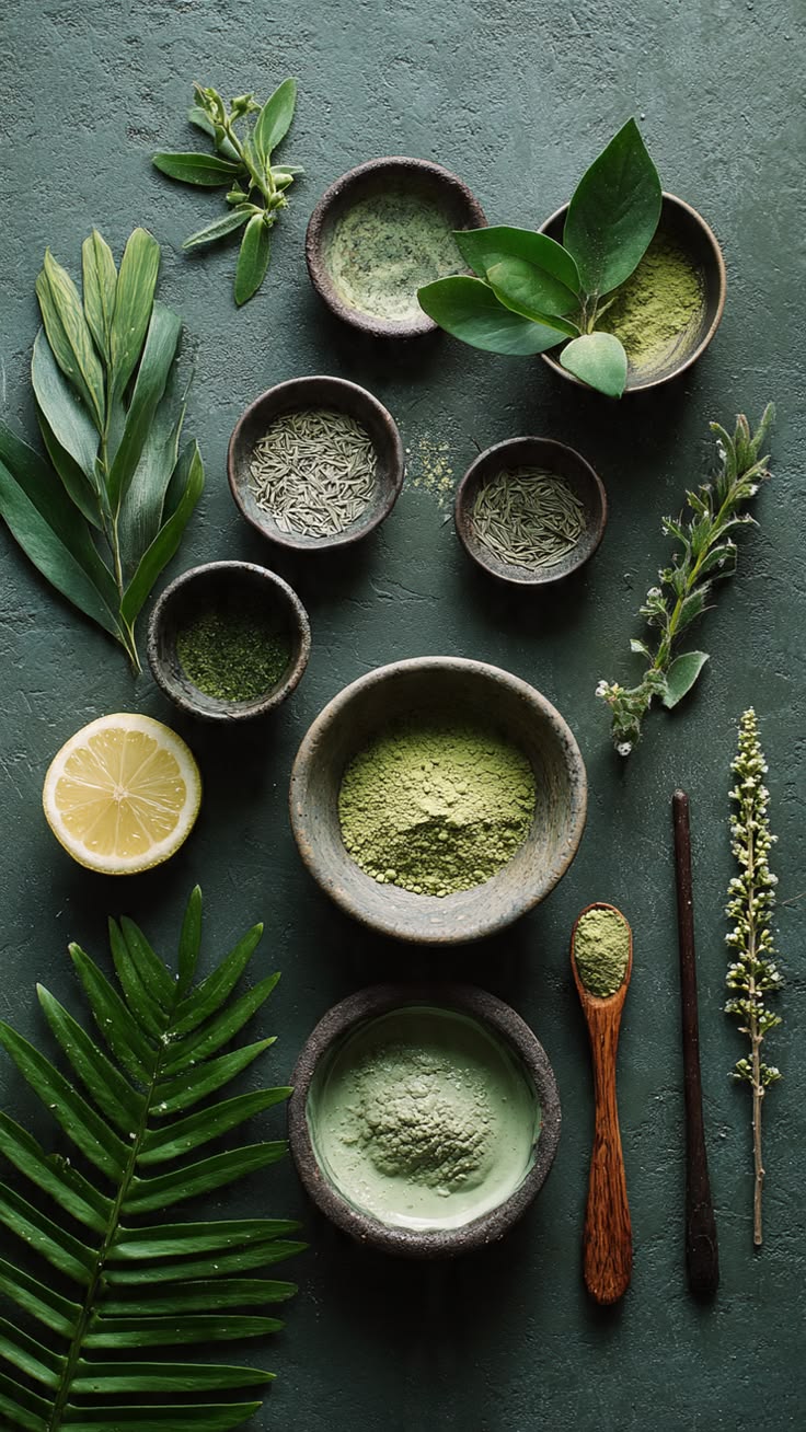 Ervas e pós naturais em tigelas de barro sobre fundo escuro — ingredientes de skincare vegano brasileiro