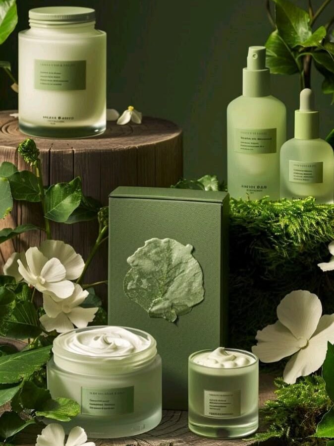 Linha de skincare natural em embalagens verdes com creme, tônico e vela entre folhas e flores brancas