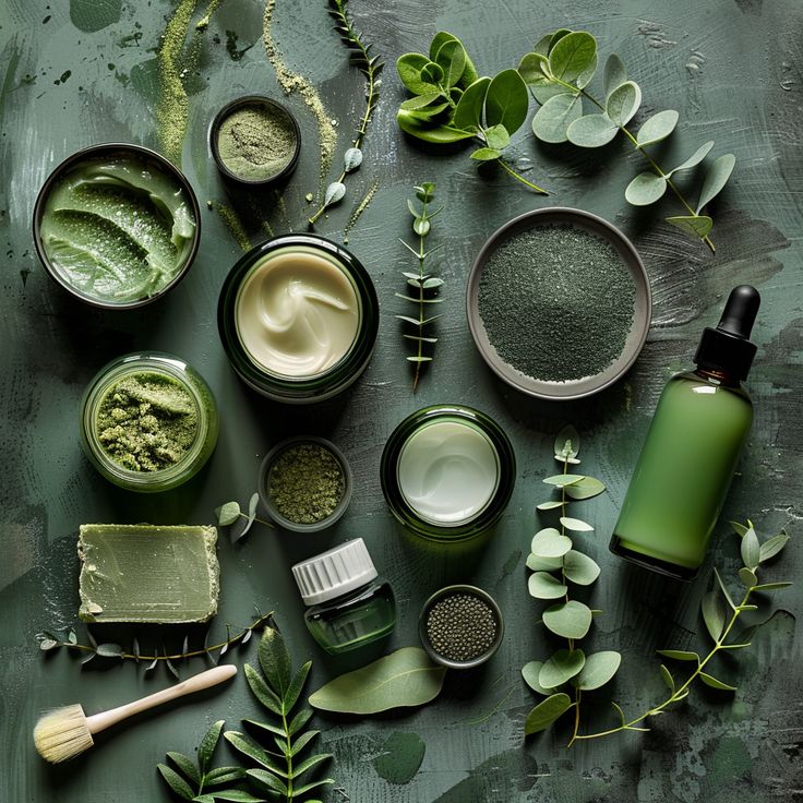 Flatlay com potes, soro e pó de argila em tons verdes — rotina completa de skincare vegano natural